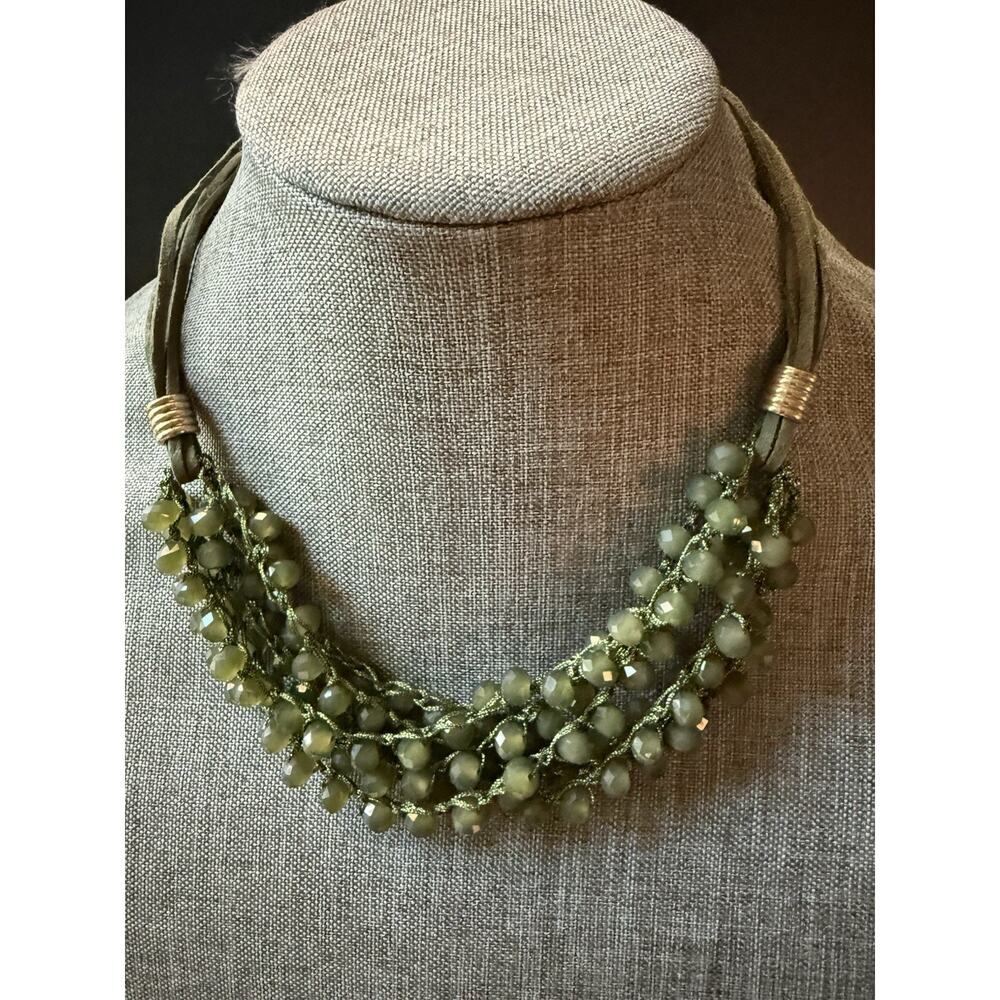 Vintage Acrylic Bead Multi Strand Necklace Suede Cord Green Gold Tone Chunky